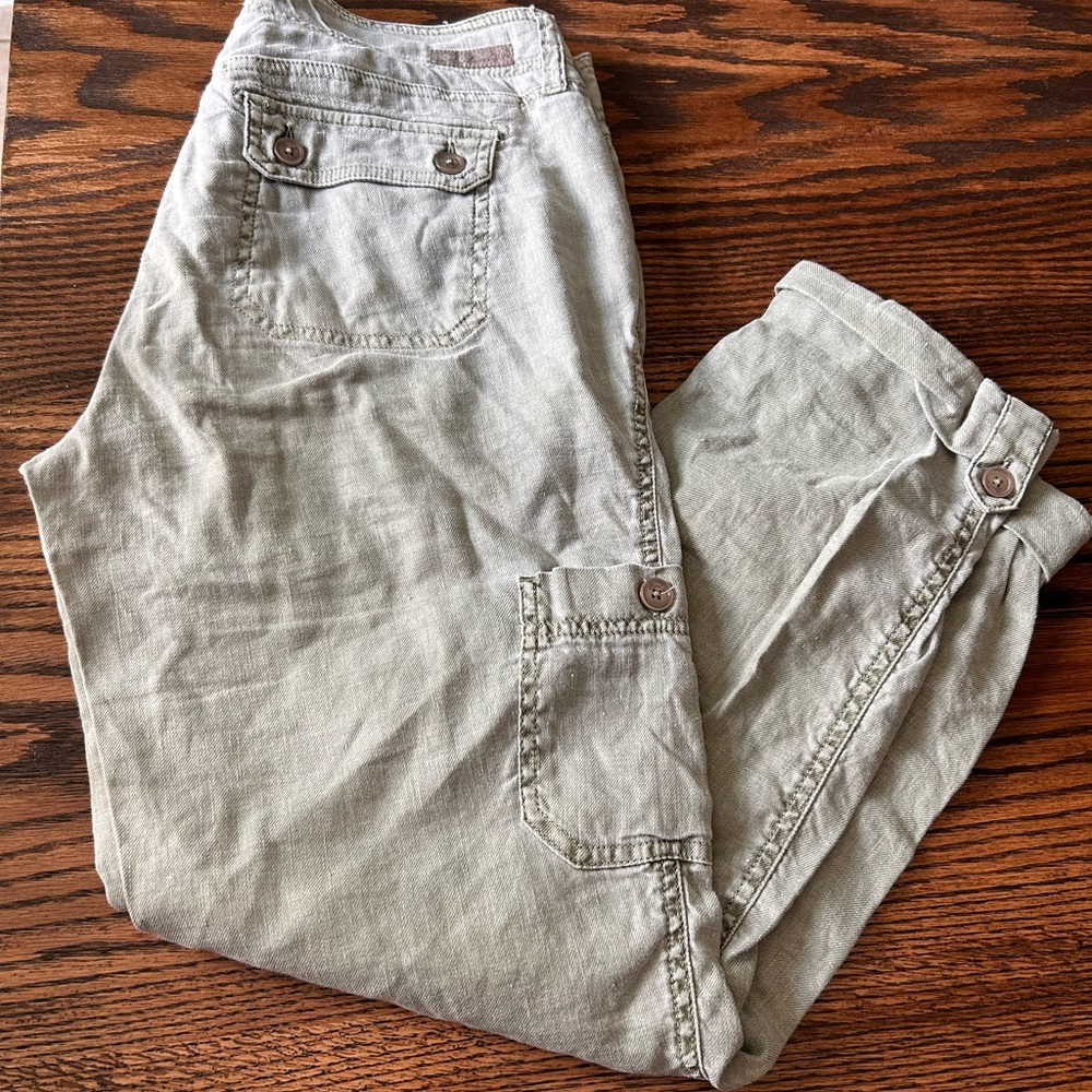 Olive linen blend cargo pants- petite